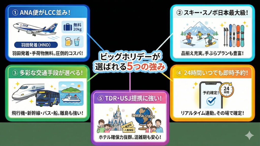 ビッグホリデー（bigs.jp）が選ばれる5つの強みをまとめたインフォグラフィック。ANA便の安さ（羽田発着）、日本最大級のスキー・スノボツアー、多彩な交通手段、24時間即時予約、TDR・USJ提携の強さという5つのメリットがイラストとテキストで図解されている。