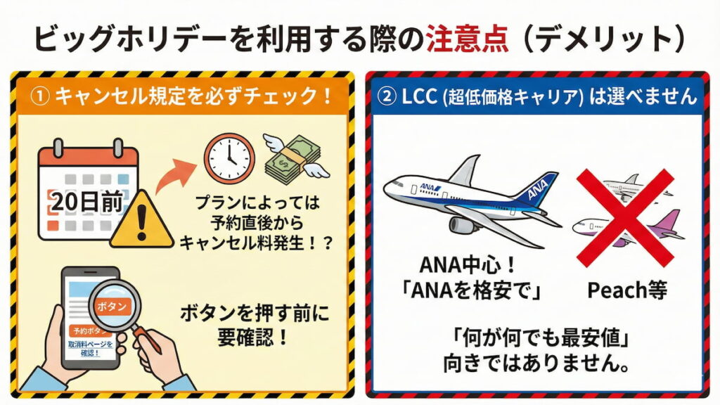 ビッグホリデー（bigs.jp）を利用する際の注意点（デメリット）のインフォグラフィック。「①キャンセル規定を必ずチェック！（プランによっては予約直後からキャンセル料発生！？）」と、「②LCC（超低価格キャリア）は選べません（ANA中心、Peach等は対象外）」という2つの重要なポイントが、警告マークやイラスト付きで分かりやすく図解されている。
