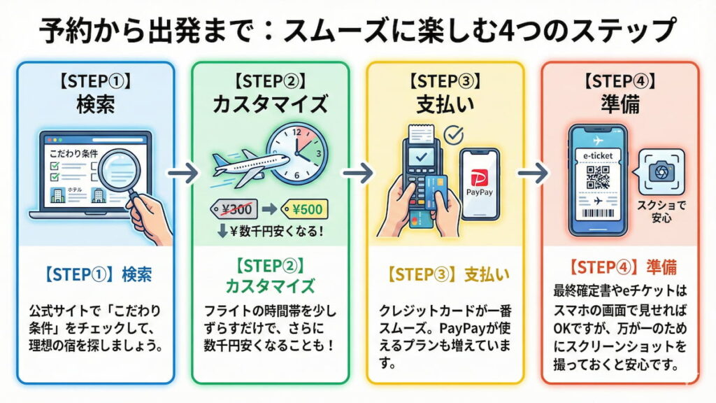 ビッグホリデーでの「予約から出発まで：スムーズに楽しむ4つのステップ」のインフォグラフィック流れ図。【STEP①検索】公式サイトで宿探し、【STEP②カスタマイズ】フライト時間調整で安くなるコツ、【STEP③支払い】クレジットカードやPayPay利用、【STEP④準備】eチケットのスクリーンショット推奨、という一連の流れがイラストとテキストで解説されている。