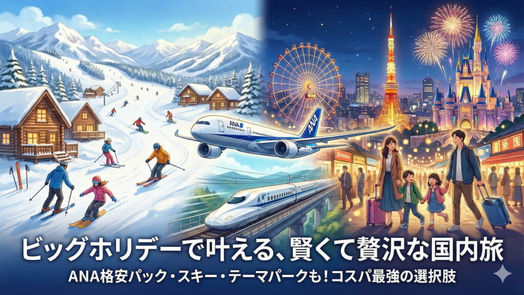 ビッグホリデー（bigs.jp）で叶う国内旅行のイメージイラスト。昼のスキー場と花火が上がる夜のテーマパークが対比され、中央をANA飛行機と新幹線が走る。「賢くて贅沢な国内旅」「コスパ最強の選択肢」等のテキストが入っている。