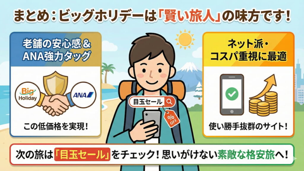 記事のまとめのインフォグラフィック。「ビッグホリデーは『賢い旅人』の味方です！」というタイトルのもと、左側で『老舗の安心感とANAタッグによる低価格』、右側で『ネット派・コスパ重視に最適な使い勝手』というメリットをイラストで解説。最後に『目玉セールをチェックして格安旅へ』と促している。